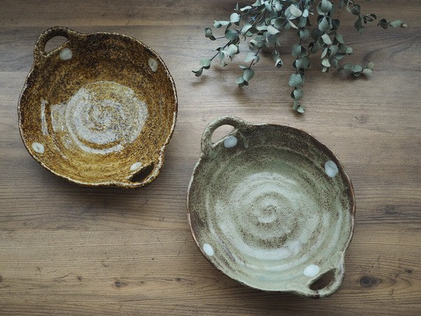 日本製 美濃燒 越前水玉雙耳鉢 | 深棕/淺棕 多用途陶瓷碗 咖哩盤 麵碗 飯碗 日式餐盤 炒飯盤子