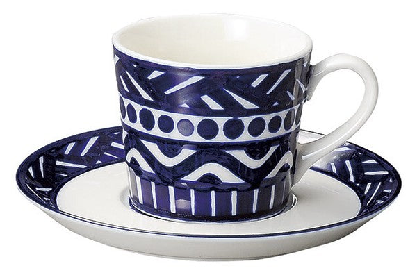 日本製 北歐風藍白圖騰咖啡杯碟 200cc | 巴克風 海軍藍餐盤 甜點盤 幾何盤 紅茶杯 茶杯 杯盤組