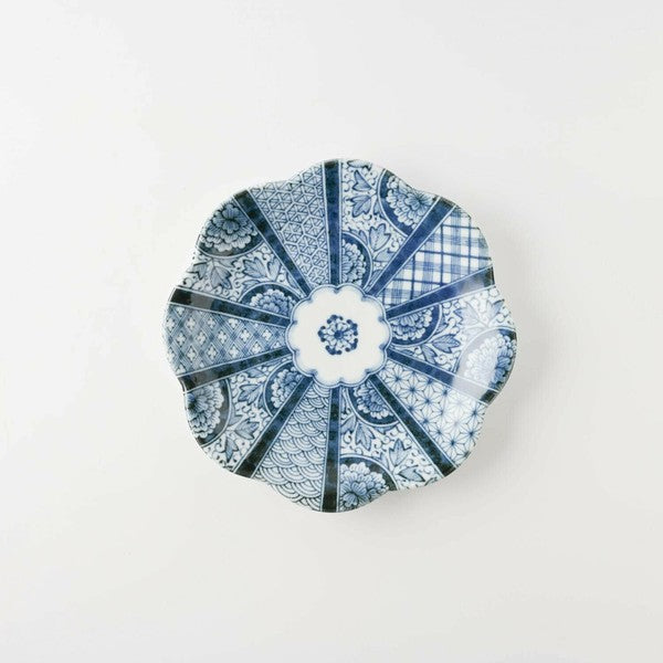日本製 美濃燒 藍京花淺盤 16.5cm | 藍釉彩 花型盤 吉祥紋 小菜盤
