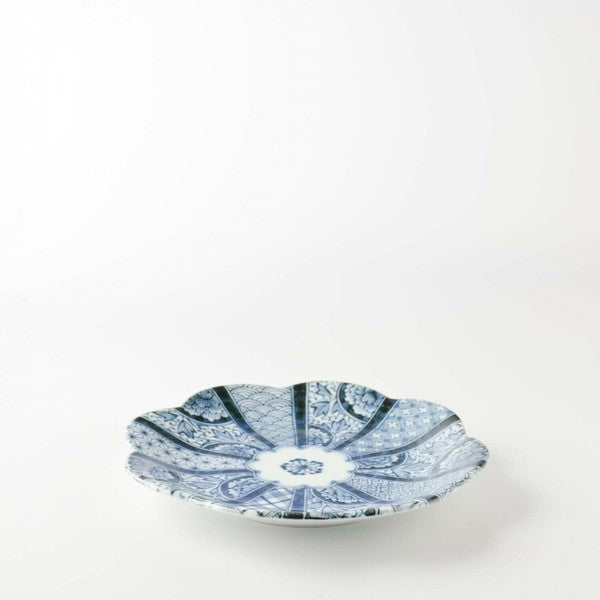 日本製 美濃燒 藍京花淺盤 16.5cm | 藍釉彩 花型盤 吉祥紋 小菜盤