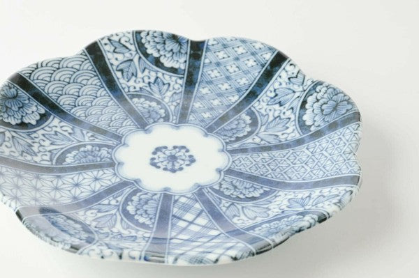 日本製 美濃燒 藍京花淺盤 16.5cm | 藍釉彩 花型盤 吉祥紋 小菜盤