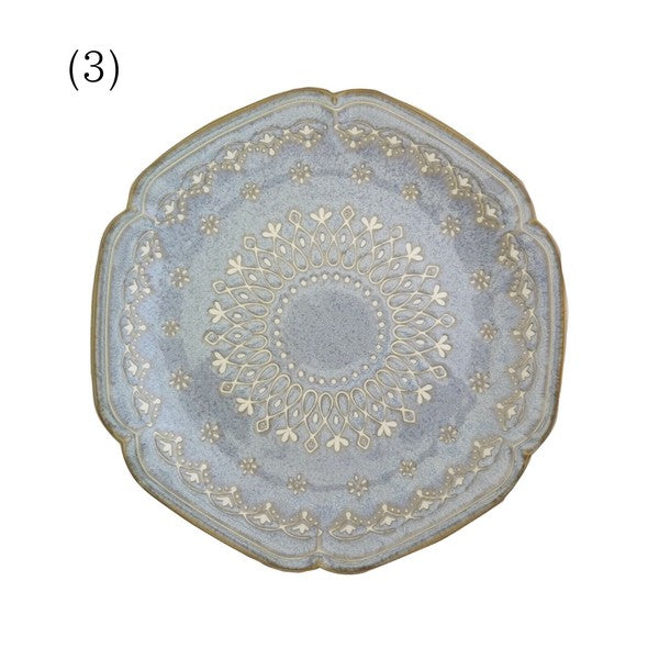 日本製 美濃燒 花邊摩洛哥大盤 絕美灰藍24cm | 沙拉盤 古典歐式六角盤