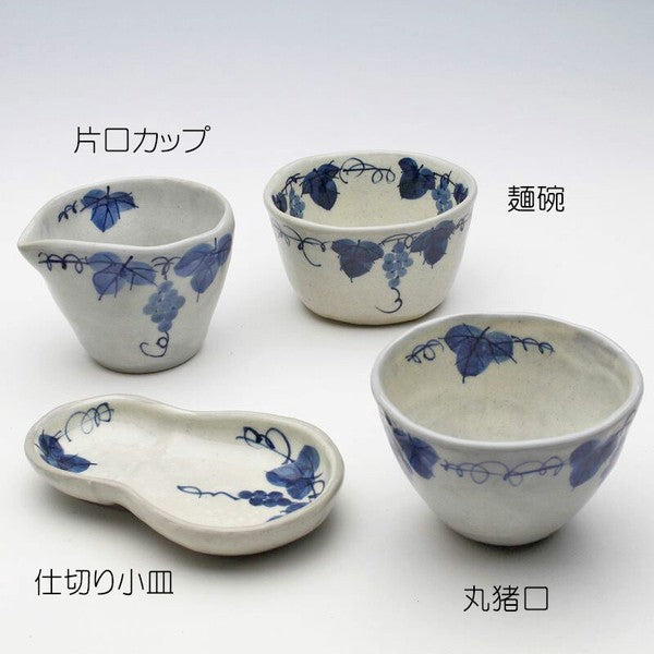 日本製 瀨戶燒 粉引藍白葡萄紋茶杯 陶瓷麵碗 | 湯碗 片口杯 茶杯 茶碗 豬口杯 藍白葡萄紋 日式餐具