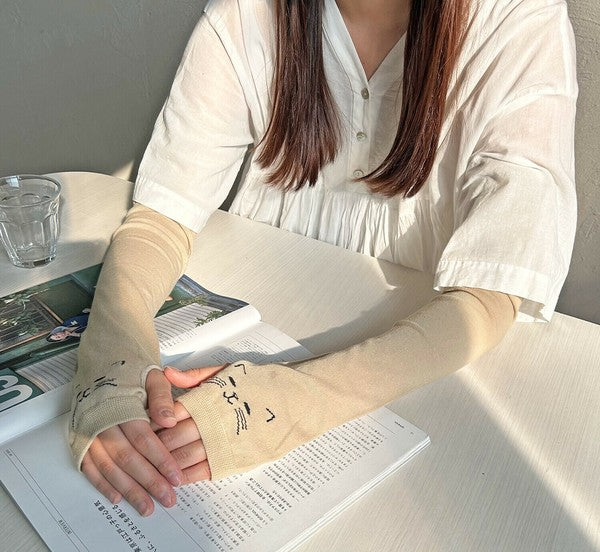 日本 PAGE ONE 冷感抗UV 貓咪網布袖套 | 防曬90% 抗菌防臭 60cm長