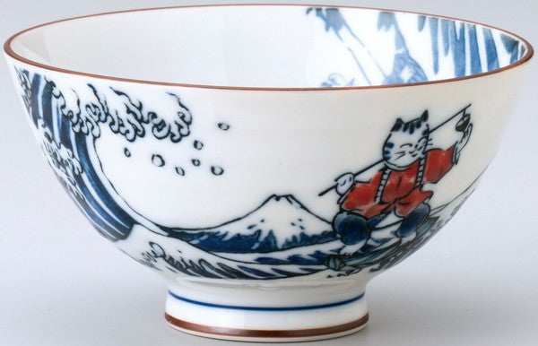 日本製 美濃燒 貓咪浮世繪衝浪茶碗 | 飯碗 湯碗 浮世繪 富士山 貓奴