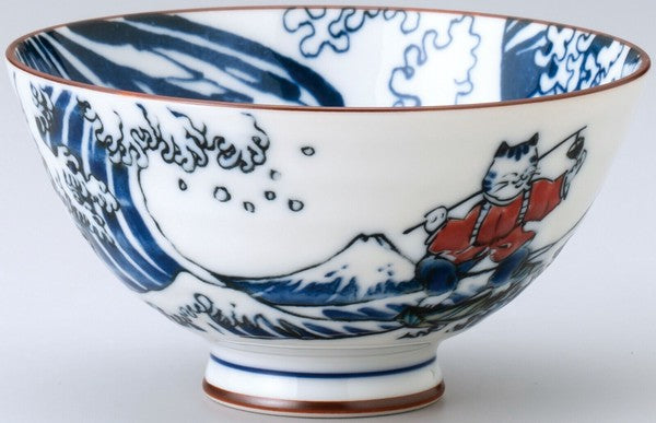 日本製 美濃燒 貓咪浮世繪衝浪茶碗 | 飯碗 湯碗 浮世繪 富士山 貓奴