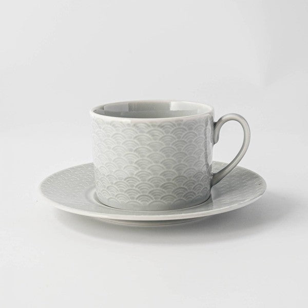 日本製 小田陶器 吉祥紋薄灰咖啡杯盤組 280cc | 咖啡杯組 咖啡杯 茶杯 杯碟組 日本咖啡杯盤組