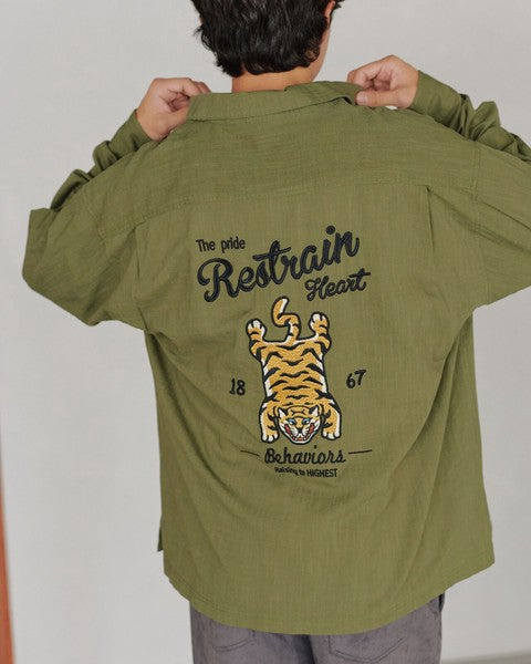 日本代購 POWER TO THE PEOPLE 老虎麻質感刺繡襯衫 卡其色 黑色 L 襯衫男長袖 襯衫