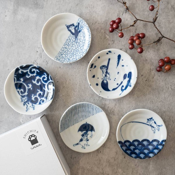 日本製 美濃燒 SHICHITA 貓咪10cm小皿 5入禮盒 | 醬油碟 小菜碟 小碟 點心盤 送禮推薦