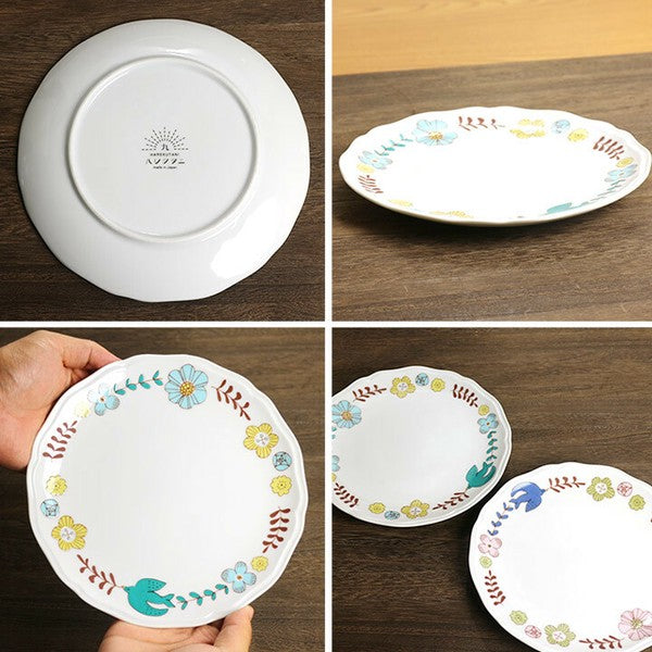 日本製 九谷燒 花與飛鳥圓盤 19cm | 小菜盤 點心盤 沙拉盤 圓盤