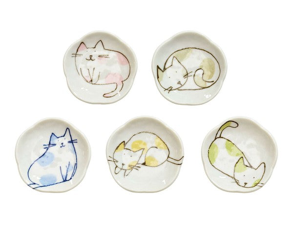 日本製 美濃燒 貓咪圖案小碟5入禮盒組 | 陶瓷碟 醬料碟 醬油碟 筷架 貓 小碟子