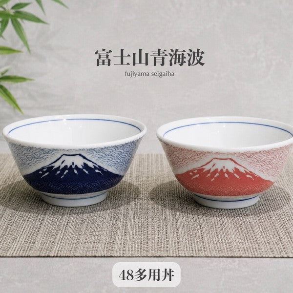 日本製 手繪和風質感 富士山青海波湯碗15cm 紅色/藍色|陶瓷碗 丼飯碗 拉麵碗 碗公