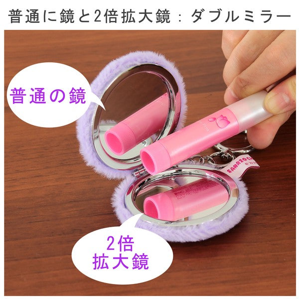 【三麗鷗】圓形刺繡雙面隨身鏡 附登山扣|日常補妝鏡 放大鏡 毛絨隨身鏡 包包掛飾