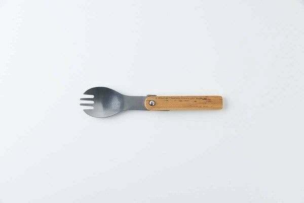 日本製 Flat Green 攜帶式木柄不鏽鋼兩用叉匙 | 不銹鋼 木柄叉匙 露營餐具