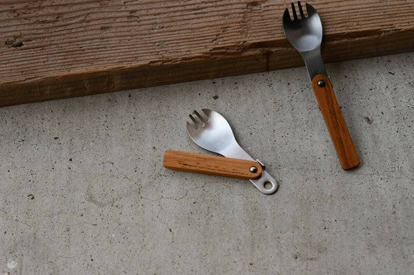 日本製 Flat Green 攜帶式木柄不鏽鋼兩用叉匙 | 不銹鋼 木柄叉匙 露營餐具