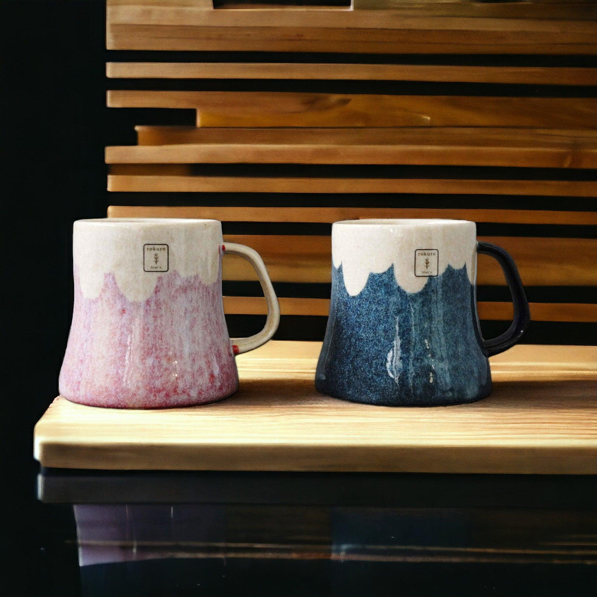 日本製 Rokuro Blut's 六魯 美濃燒富士山馬克杯 對杯禮盒組|粉色 藍色 250ml