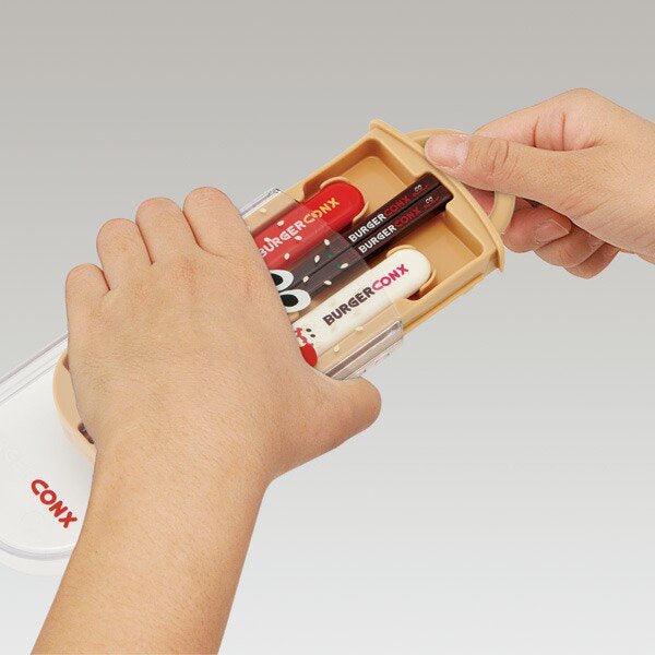 日本製 BURGER CONX 漢堡餐具-三件組|遠足餐具盒 抗菌 筷子 叉子 湯匙 手拉式 - 富士通販