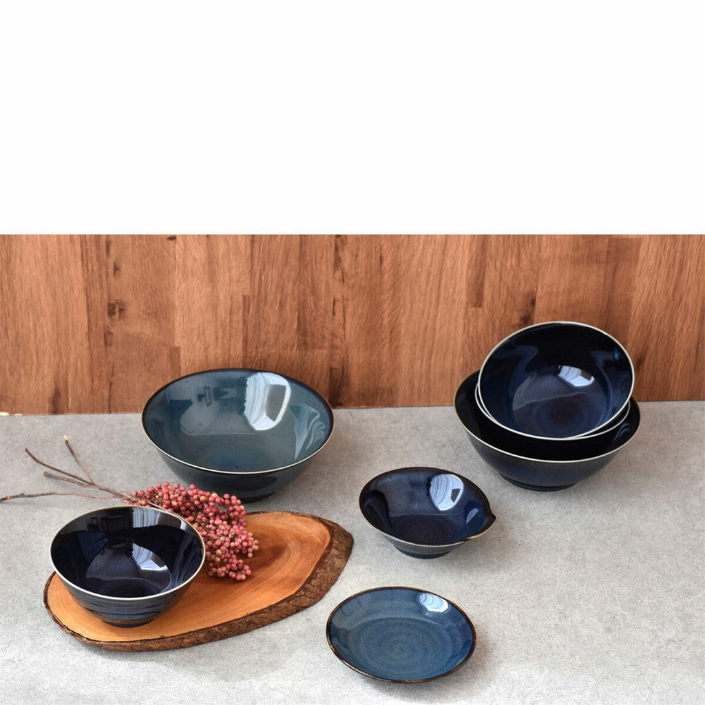 日本製 輕量 窯變藍色餐具∣大盤 茶碗 飯碗