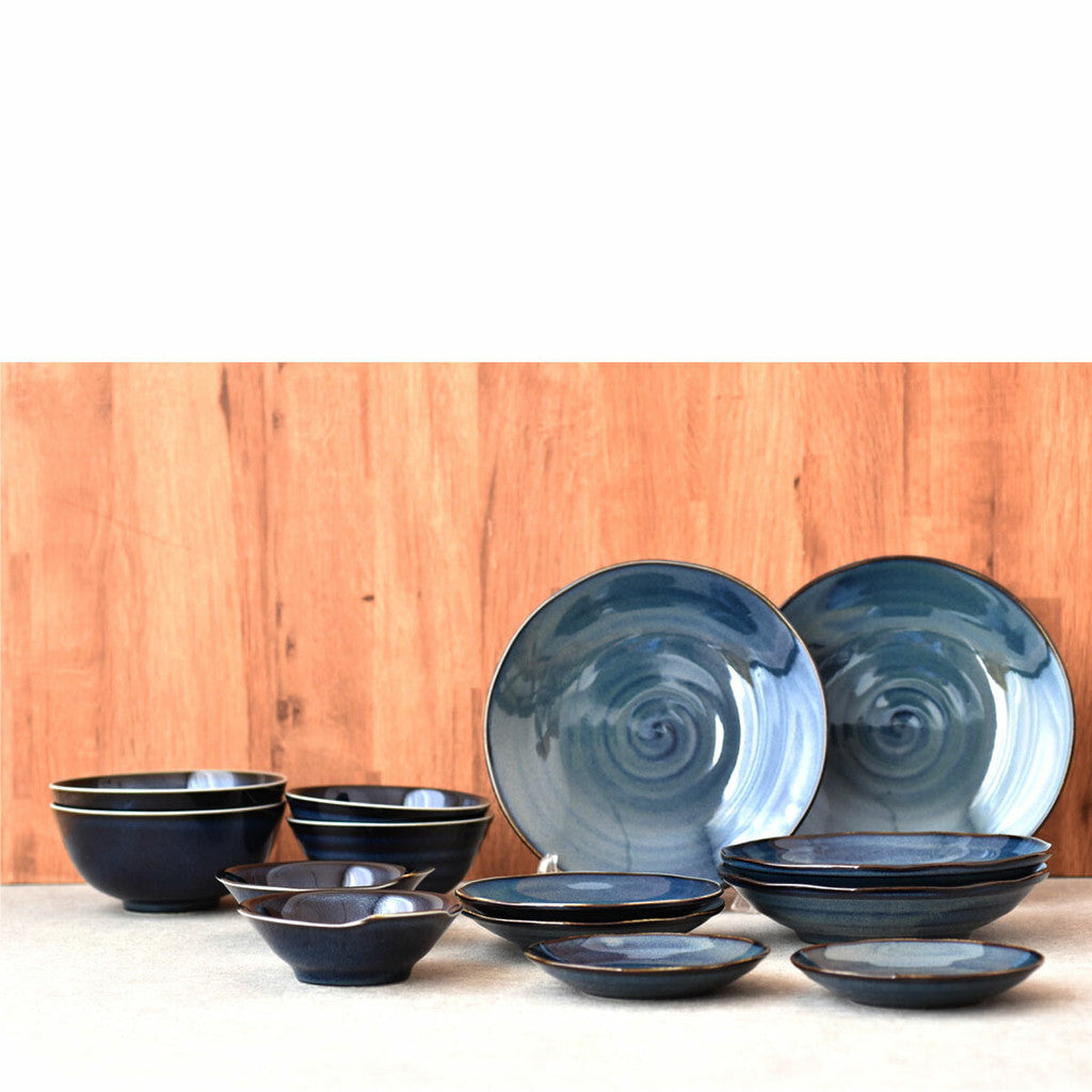 日本製 輕量 窯變藍色餐具∣大盤 茶碗 飯碗