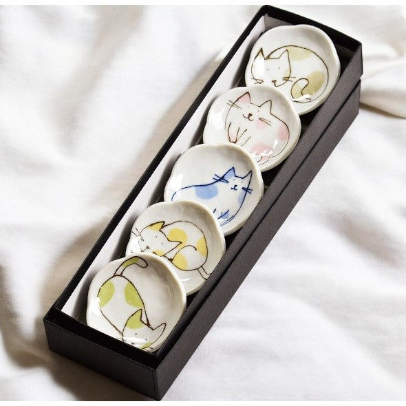 日本製 美濃燒 貓咪圖案小碟5入禮盒組 | 陶瓷碟 醬料碟 醬油碟 筷架 貓 小碟子