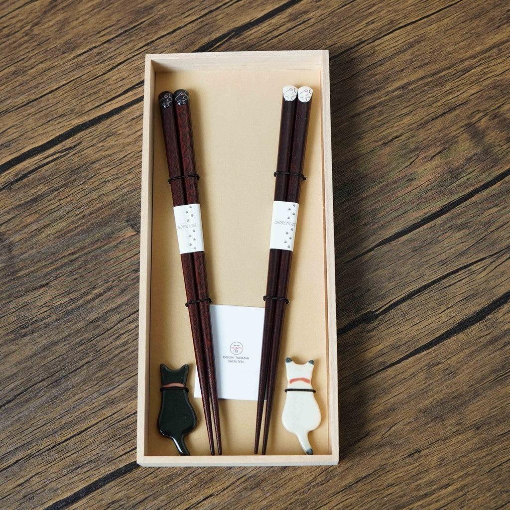 日本製 若狭塗 貓咪造型 對筷禮盒|對筷 筷架 筷子 - 富士通販