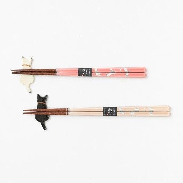 日本製 若狭塗 貓咪 點點 對筷禮盒組|筷子 對筷 筷架 木筷 結婚禮物 - 富士通販