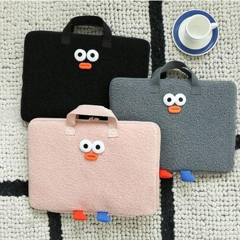 韓國 Romane 文創 13吋 絨毛手提電腦包|黑色 粉色