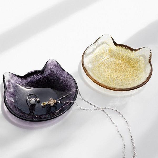 日本製 ADERIA 石塚硝子 貓咪造型玻璃盤 黑色 白色|點心盤 飾品盤 水果盤