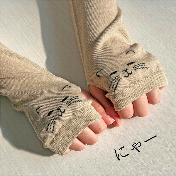 日本 PAGE ONE 冷感抗UV 貓咪網布袖套 | 防曬90% 抗菌防臭 60cm長