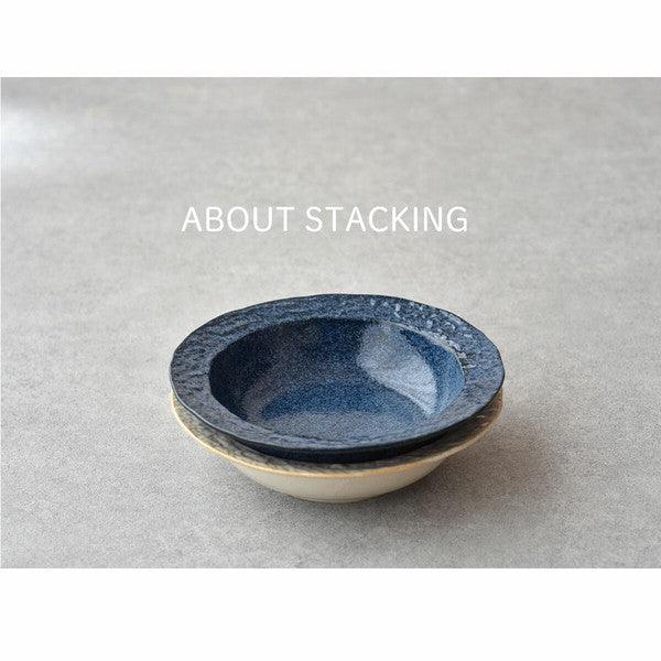日本製 美濃燒 日式波紋陶瓷咖哩盤 米白 深藍 21.7cm|沙拉盤 深盤