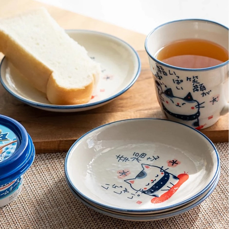 日本製 瀨戶燒 藍染福氣貓 5吋盤 | 點心盤 蛋糕盤 圓盤 小盤子 貓奴的碗