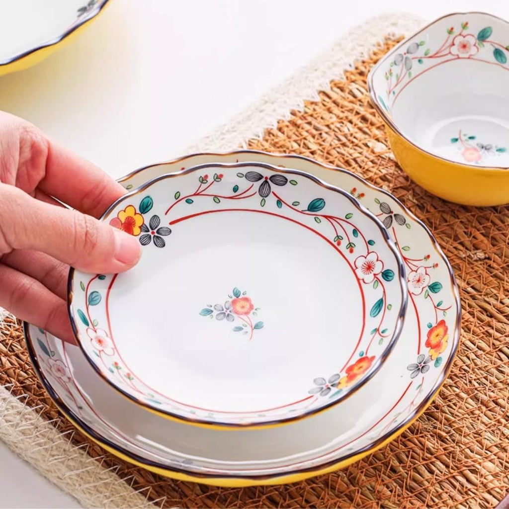 日本製 吾山窯 黃彩梅小花5吋盤 | 中國風 黃花鳥 陶瓷盤 梅花盤 餐盤 輕量盤