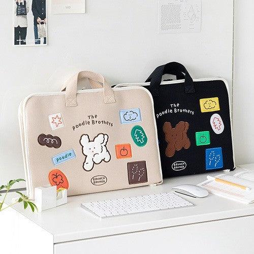 韓國 Romane 早午餐兄弟 米色 黑色 貴賓狗 15吋手提筆電包|電腦包 平板包