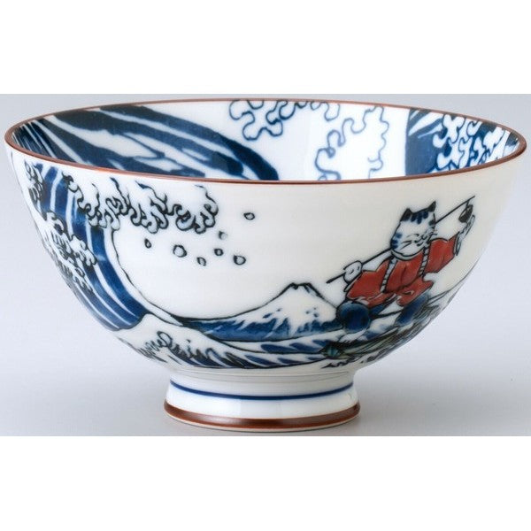 日本製 美濃燒 貓咪浮世繪衝浪茶碗 | 飯碗 湯碗 浮世繪 富士山 貓奴
