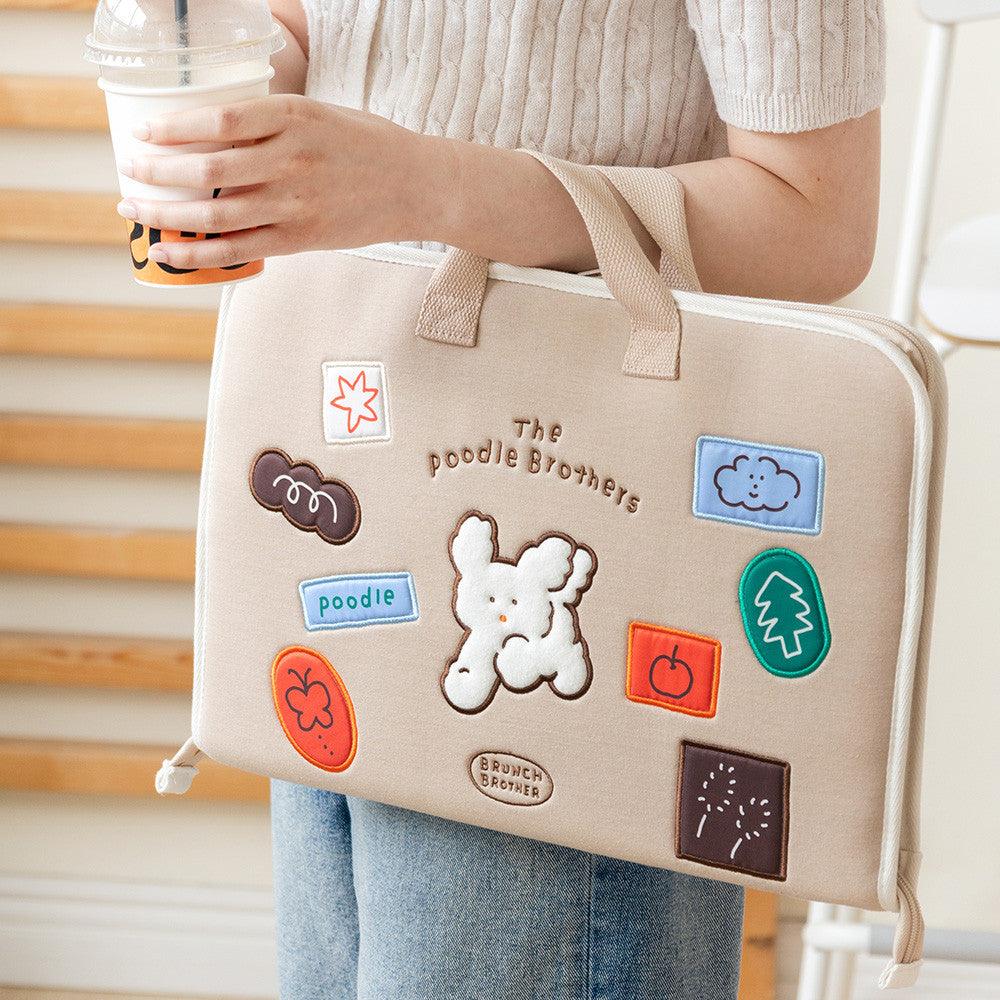 韓國 Romane 早午餐兄弟 米色 黑色 貴賓狗 15吋手提筆電包|電腦包 平板包