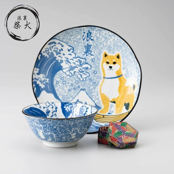 日本製 柴犬浪裏/淺草/京都碗盤 | 柴犬碗 紀念性禮物 浮世繪 碗盤