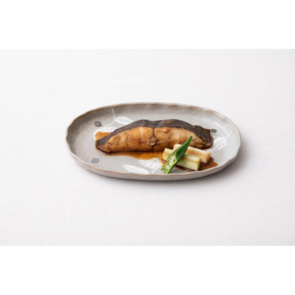 日本製 瀨戶燒 古典一輪花橢圓盤 灰白色 24cm|陶瓷盤 魚盤 水果盤