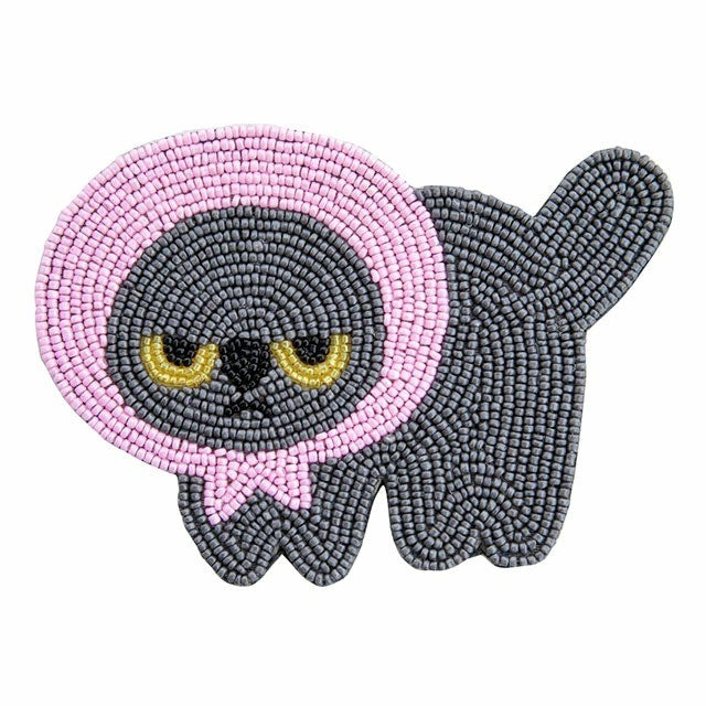 日本 BISQUE 憤怒的真知子 防水串珠杯墊 | 黑貓 吸水隔熱 吸水墊 馬克杯杯墊