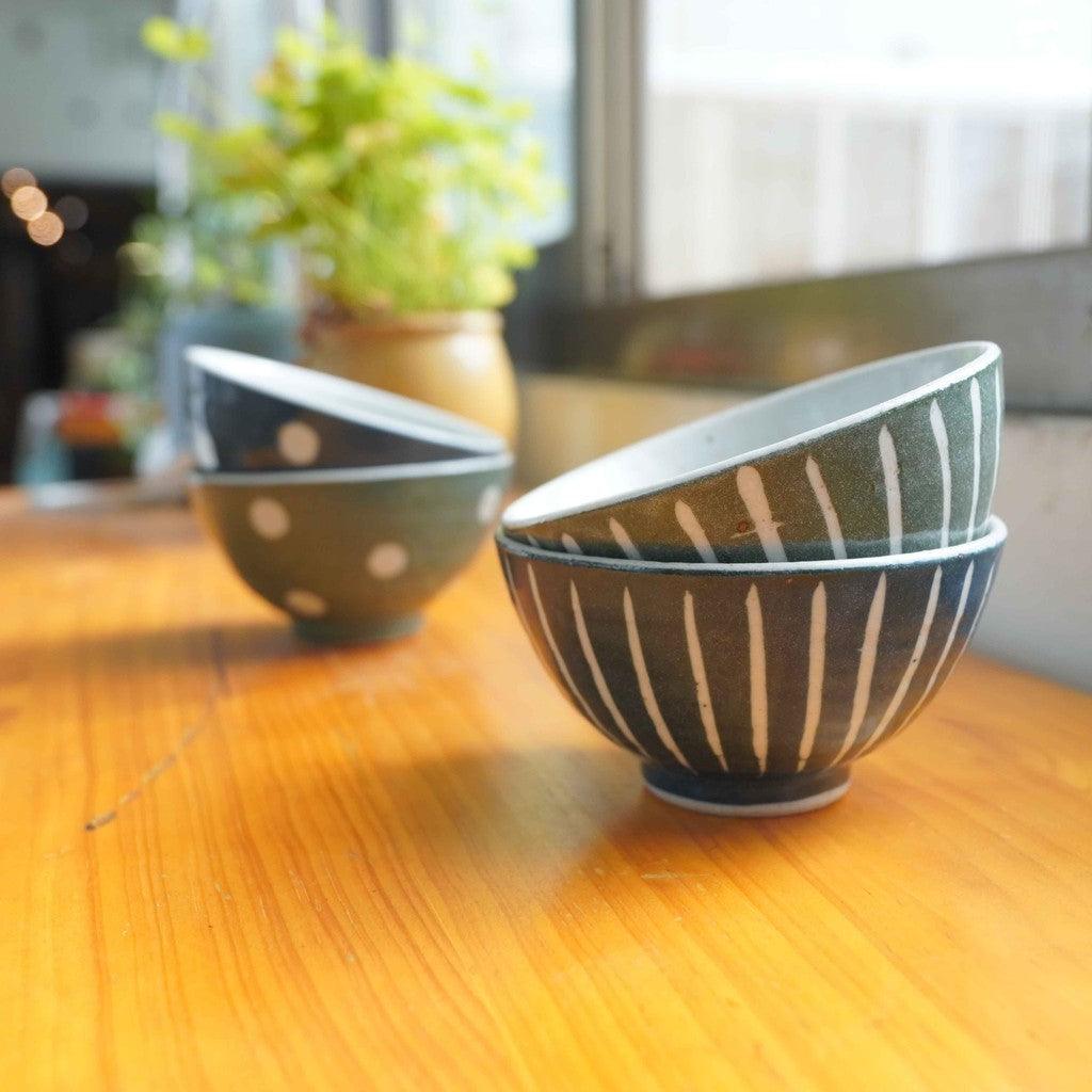 日本製 美濃燒 手工日式可愛線條 圓點陶瓷飯碗 |餐碗 日本碗 日式餐具