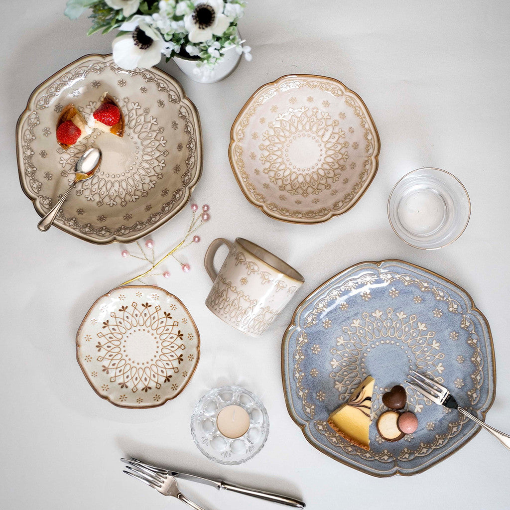 日本製 美濃燒 花邊摩洛哥大盤 絕美灰藍24cm | 沙拉盤 古典歐式六角盤