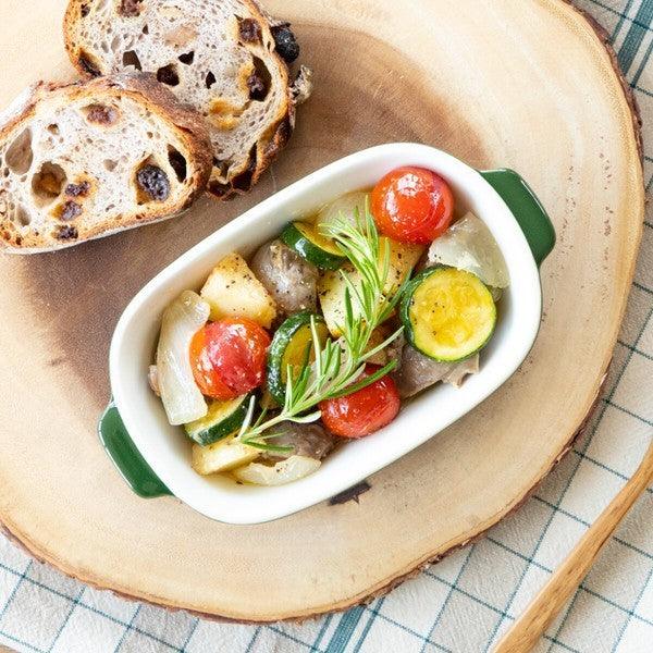 日本製 鄉村風格 長方形綠色 雙耳焗烤盤|烤盤 早餐盤 陶瓷烤盤