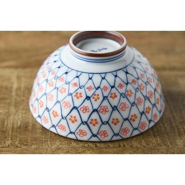 日本製 美濃燒 縐紗小花 茶碗 11.5cm 紅色 綠色|飯碗 陶瓷碗 夫妻碗