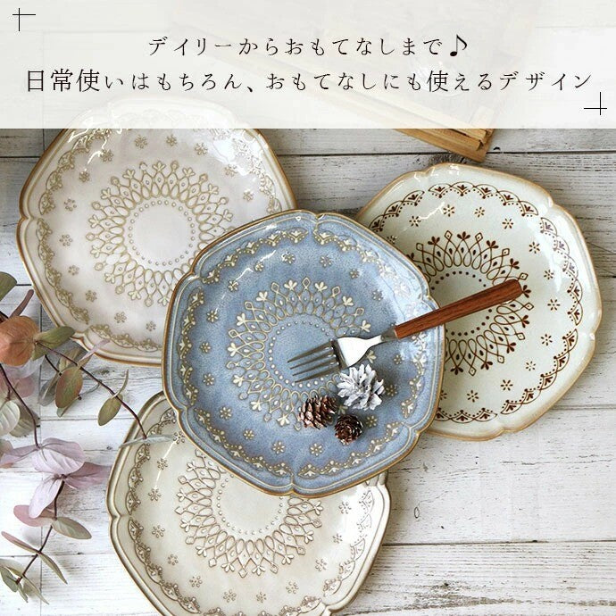 日本製 美濃燒 花邊摩洛哥大盤 絕美灰藍24cm | 沙拉盤 古典歐式六角盤