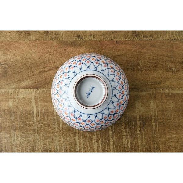 日本製 美濃燒 縐紗小花 茶碗 11.5cm 紅色 綠色|飯碗 陶瓷碗 夫妻碗