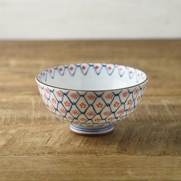 日本製 美濃燒 縐紗小花 茶碗 11.5cm 紅色 綠色|飯碗 陶瓷碗 夫妻碗