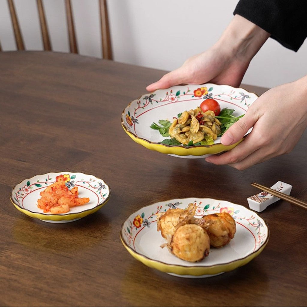 日本製 吾山窯 黃彩梅小花5吋盤 | 中國風 黃花鳥 陶瓷盤 梅花盤 餐盤 輕量盤