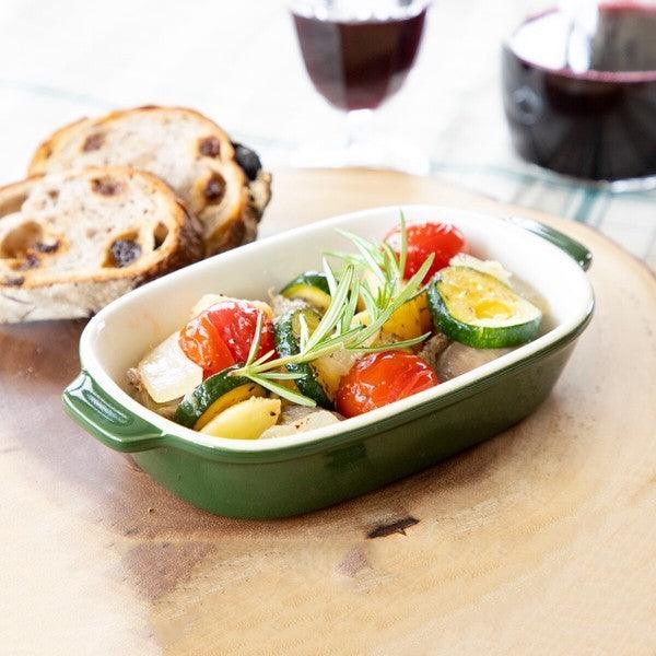 日本製 鄉村風格 長方形綠色 雙耳焗烤盤|烤盤 早餐盤 陶瓷烤盤