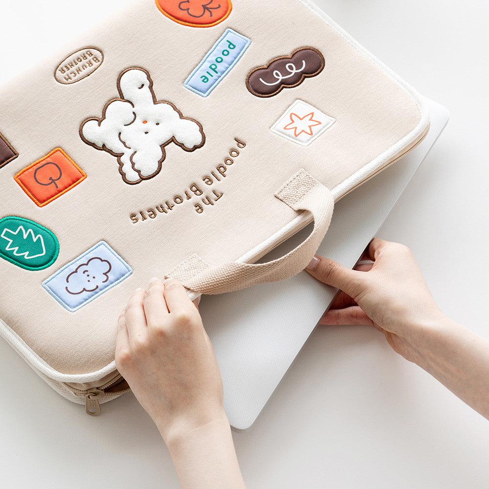 韓國 Romane 早午餐兄弟 米色 黑色 貴賓狗 15吋手提筆電包|電腦包 平板包