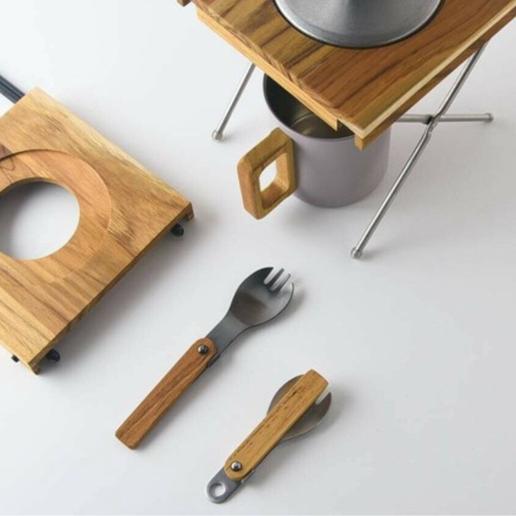 日本製 Flat Green 攜帶式木柄不鏽鋼兩用叉匙 | 不銹鋼 木柄叉匙 露營餐具