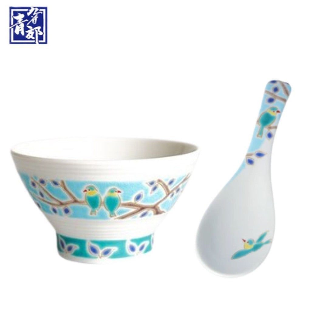 九谷燒 青郊窯 日本製彩繪飯碗和湯匙 11.5cm | 中國風 收藏碗 茶碗